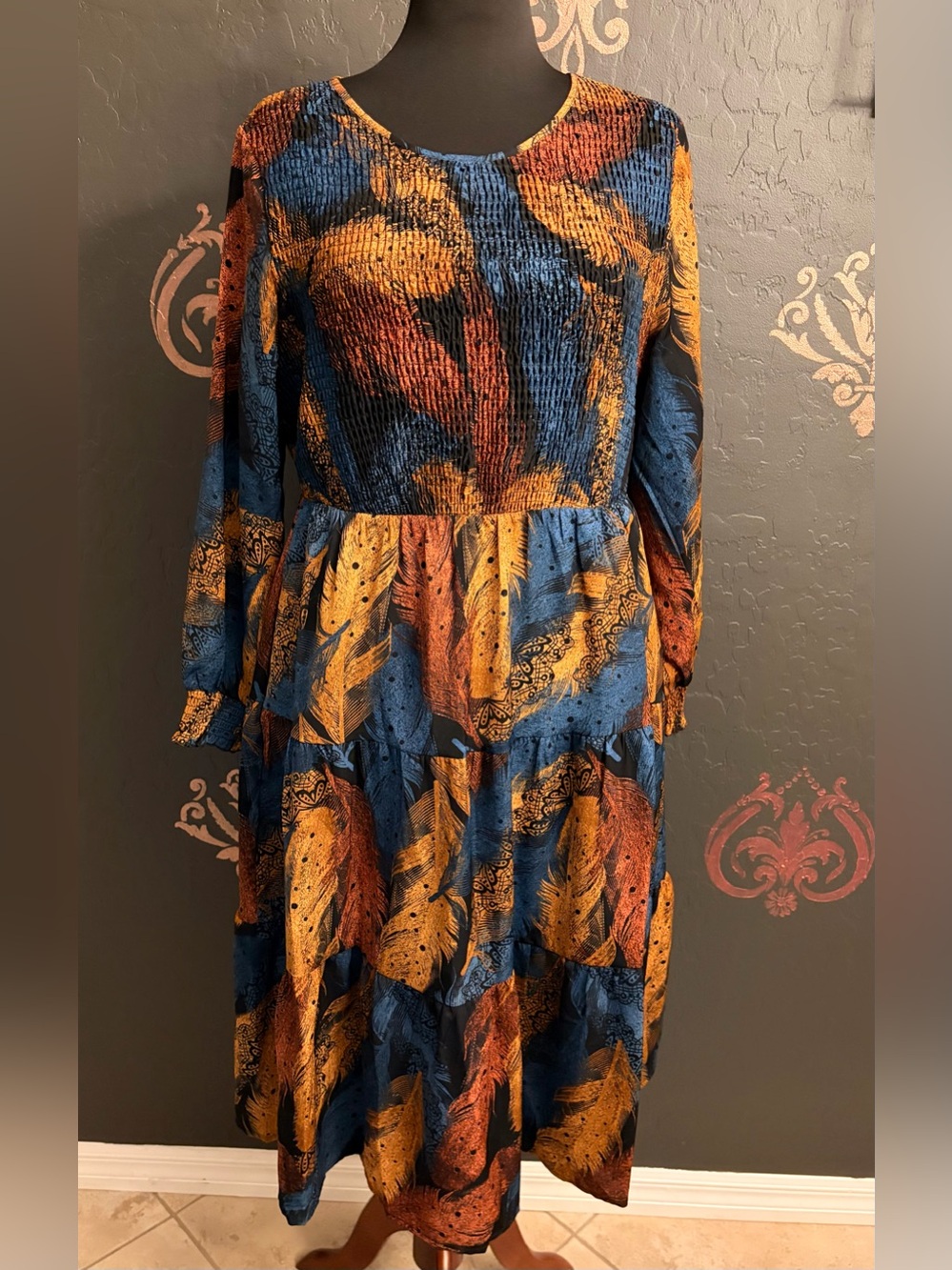 BloomChic Long-Sleeve Tiered Dress in Blue and Mustard